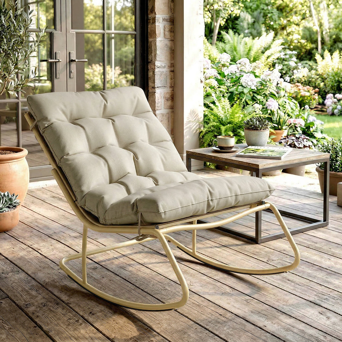 Fauteuil à Bascule Extérieur Coussin Moelleux 125cm Large 64cm en Acier et Textilène Beige et Doré