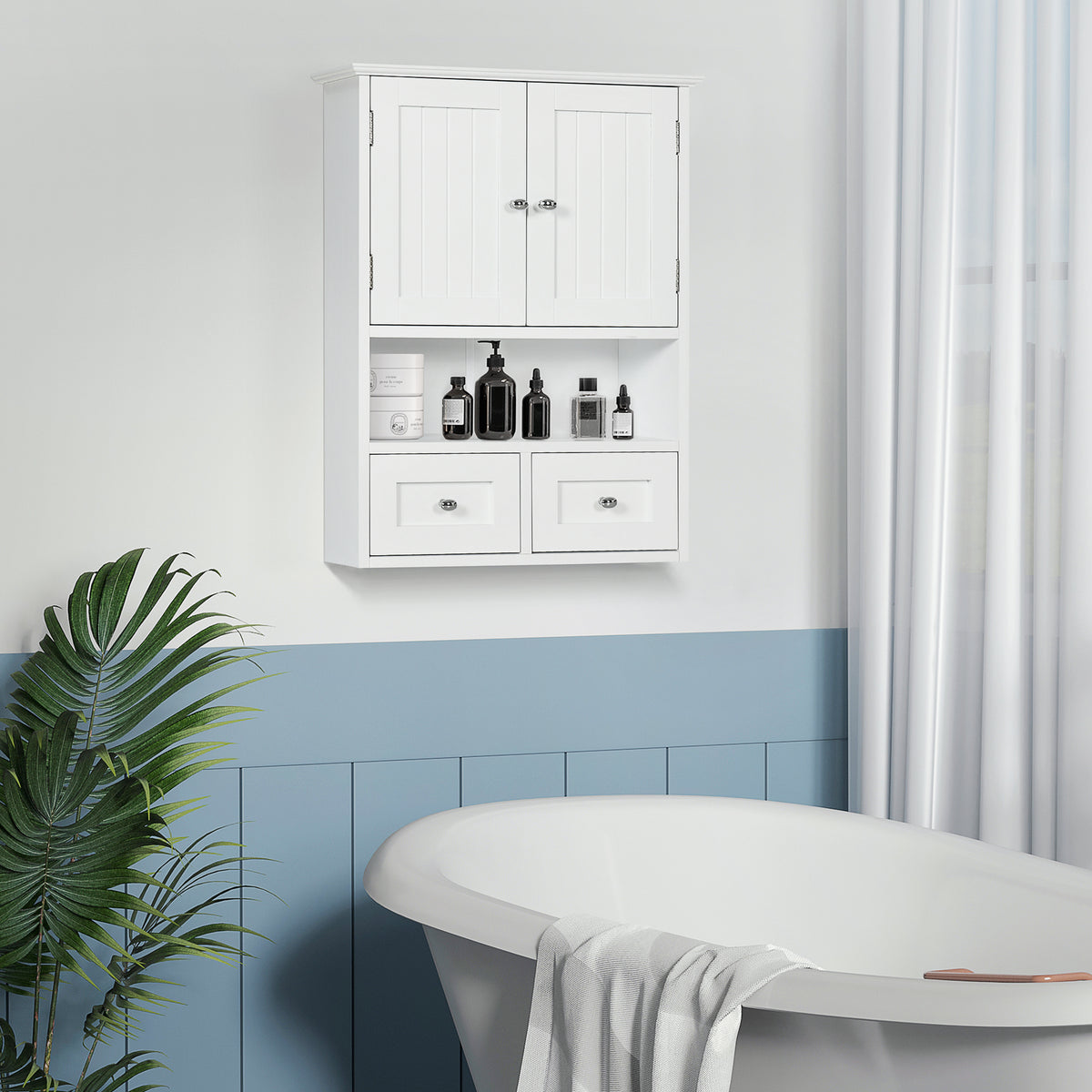Armoire murale de salle de bain, armoire de toilette, avec portes, étagère, 2 tiroirs, 50,8l x 17,8P x 66H cm, blanc