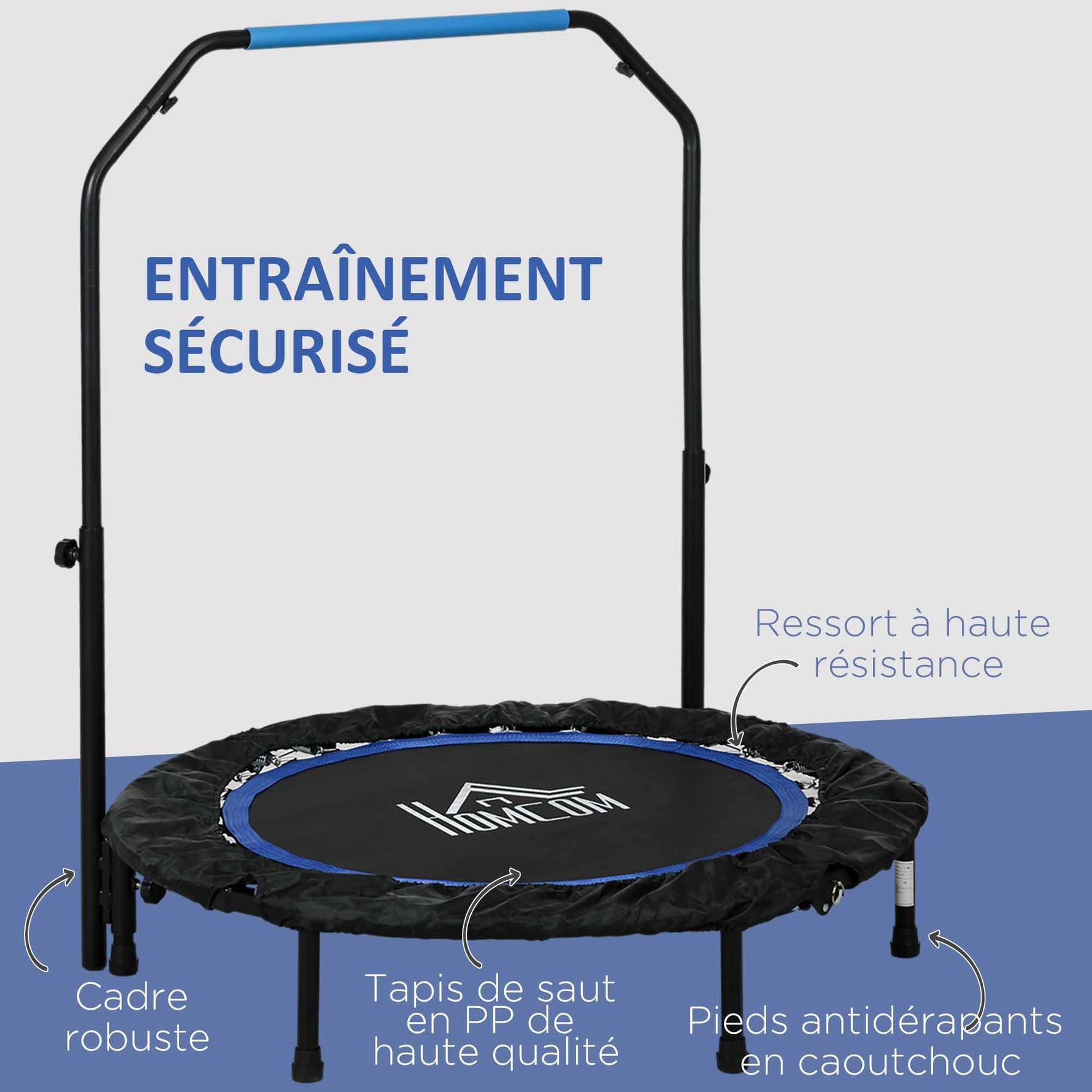 Trampoline de fitness gymnastique avec poignée réglable, pliable, 6 pieds, 28 ressorts Ø 102 cm, noir bleu