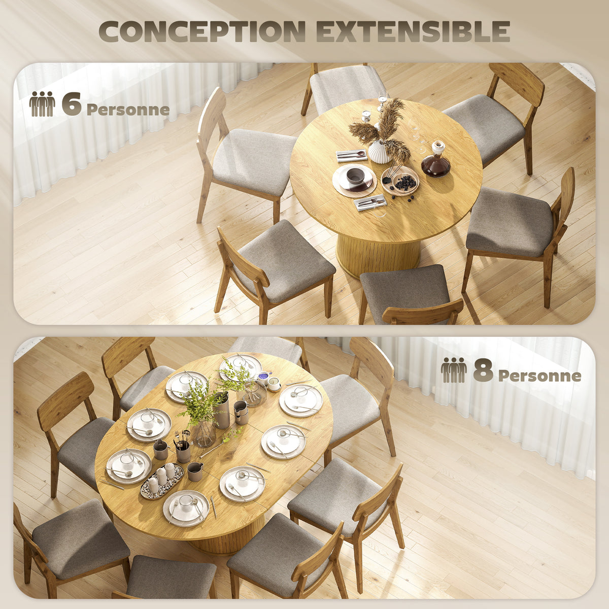 Mesa de comedor extensible, mesa de cocina, para 6 a 8 personas, 110-150 x 75 cm, efecto madera natural