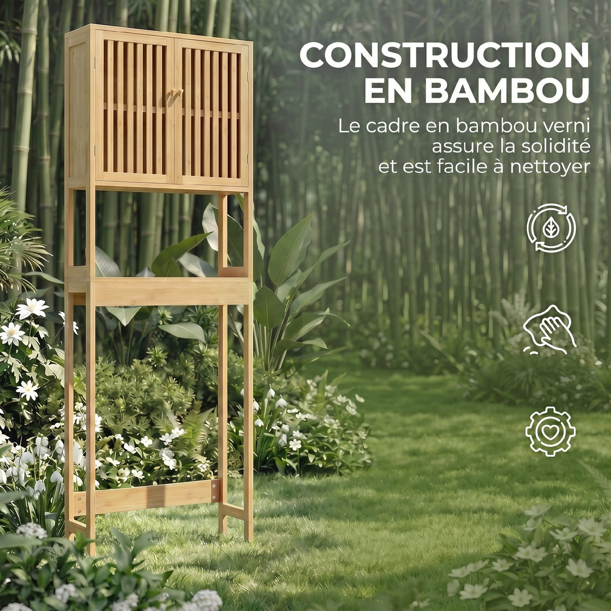 Étagère de toilettes meuble de salle de bain dessus toilette WC avec placard 2 portes et étagère ouverte bambou