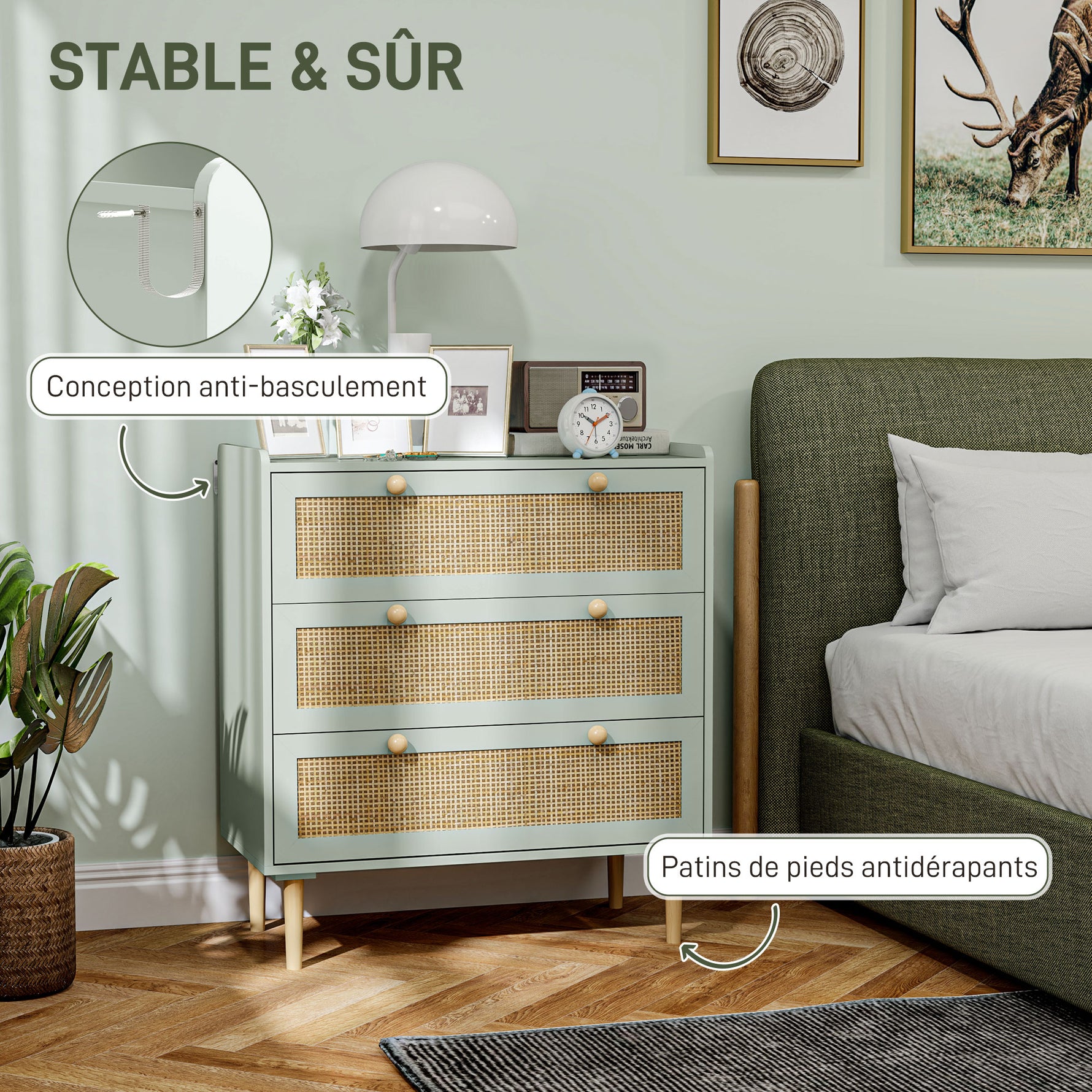 Commode design bohème en rotin avec 3 tiroirs, meuble de rangement pour le salon, le couloir, l'entrée, vert olive