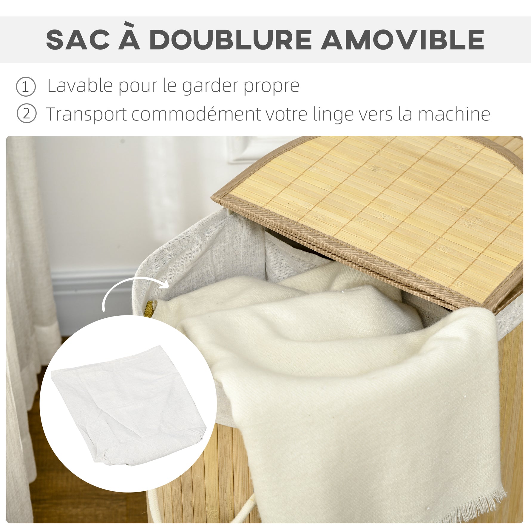 Panier à linge en bambou 100L avec 2 sections couvercle et sac amovible 62,5 x 37 x 60,5 cm - naturel
