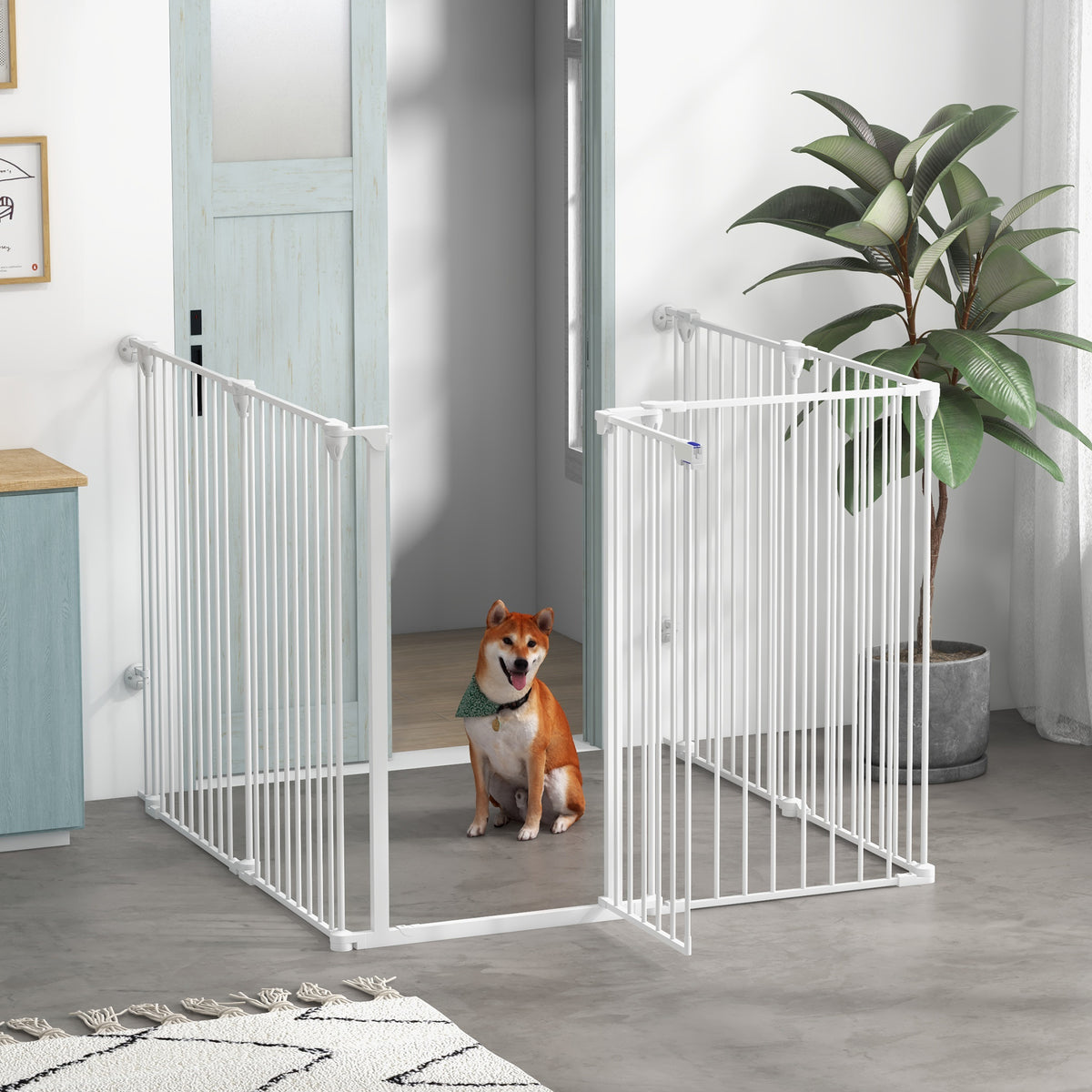 Recinto di sicurezza pieghevole e modulabile per cani, 6 pannelli con porta, altezza 100 cm, bianco