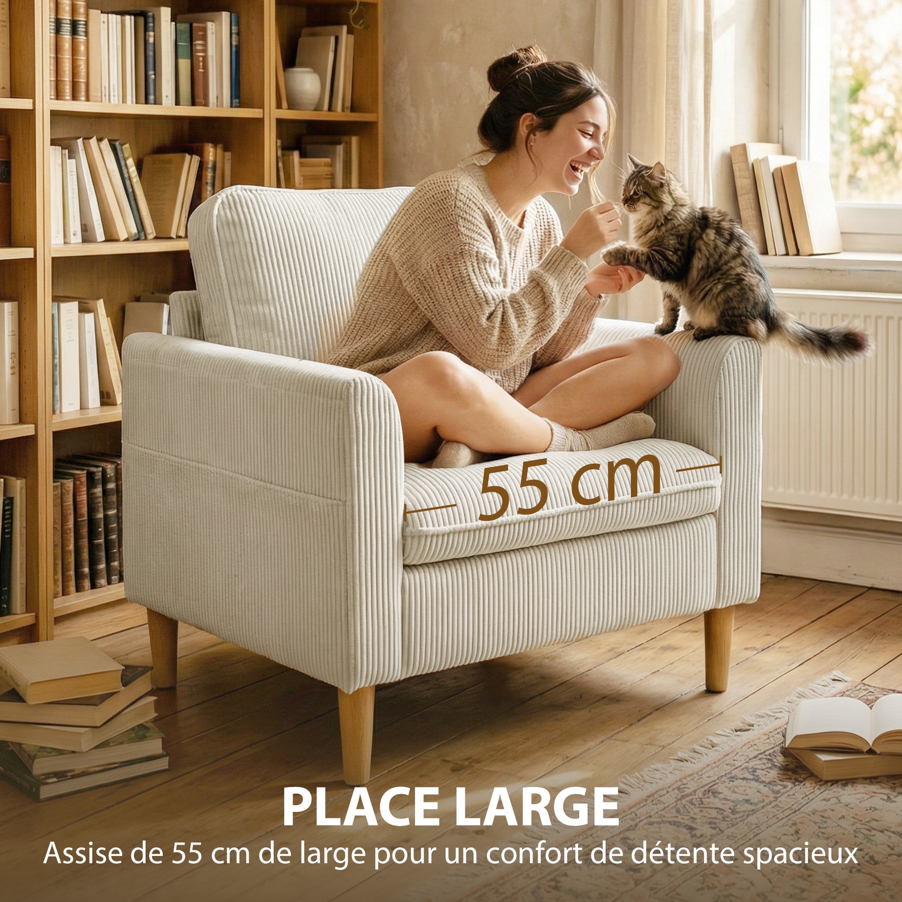 Fauteuil de salon en velours côtelé, canapé 1 place rembourré avec assise large et coussin à ressorts, 83x74x87cm, beige