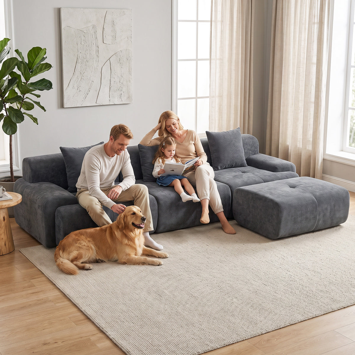 3-Seater Modular Corner Sofa with Chenille Ottoman, 300 cm Compressed Sofa with Deep Seat, 3 Cushions, Grey