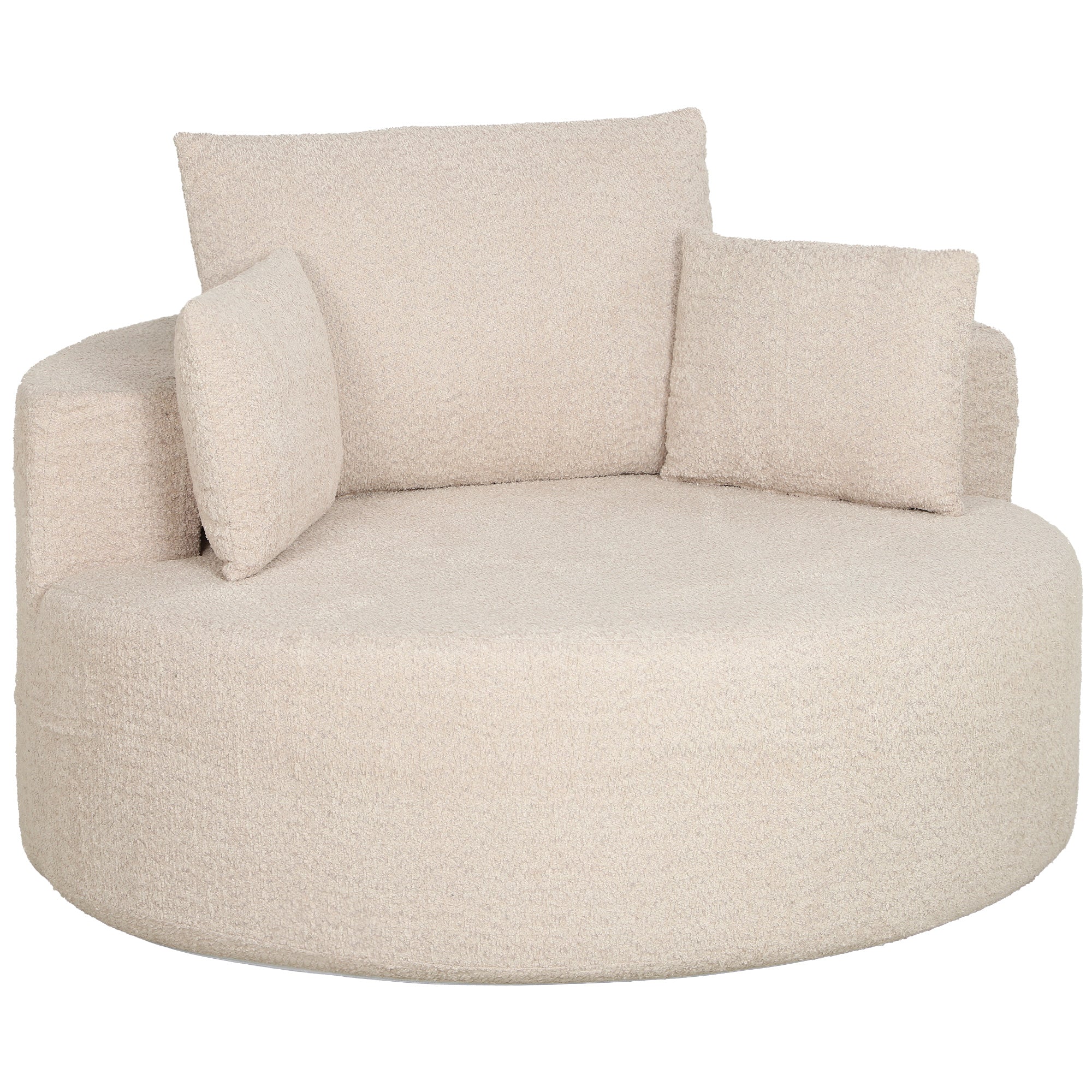 Pouf Canapé Rond en Chenille, Grande Assise, 2 Coussins, 1 Dossier, 1 Traversin, Charge 250kg, 130x130x82cm, Crème
