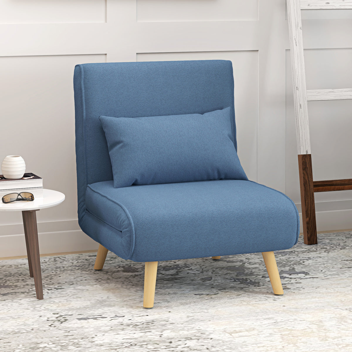 3-in-1 slaapfauteuil, eenpersoons slaapstoel met 5-standen rugleuning, van stof, inclusief kussen, blauw