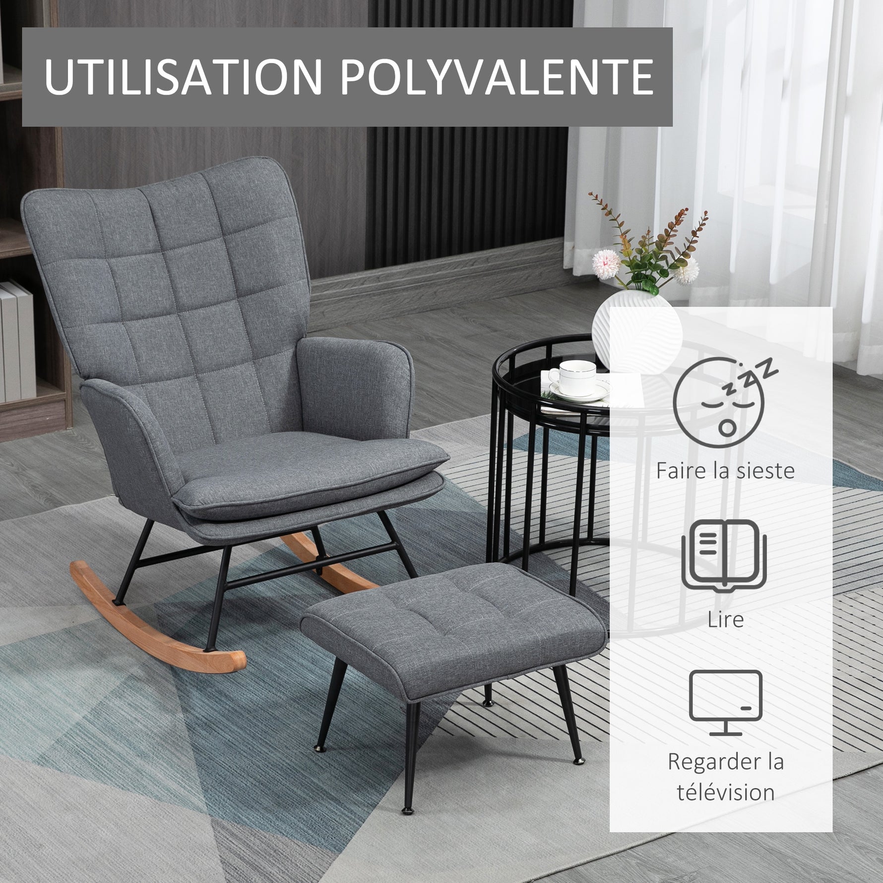 Fauteuil à bascule avec repose-pieds, rocking chair, assise large, dossier haut, coussin inclus, 64 x 89 x 90 cm, gris