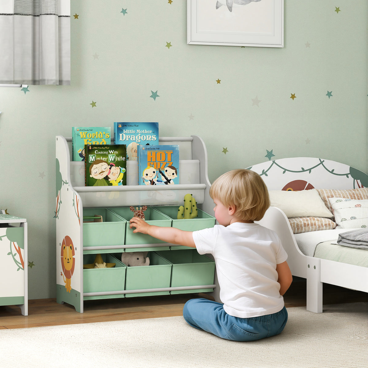 Meuble rangement enfant, rangement jouet enfant, 6 tiroirs en tissu et étagère à deux niveaux, 63x30x71cm, vert