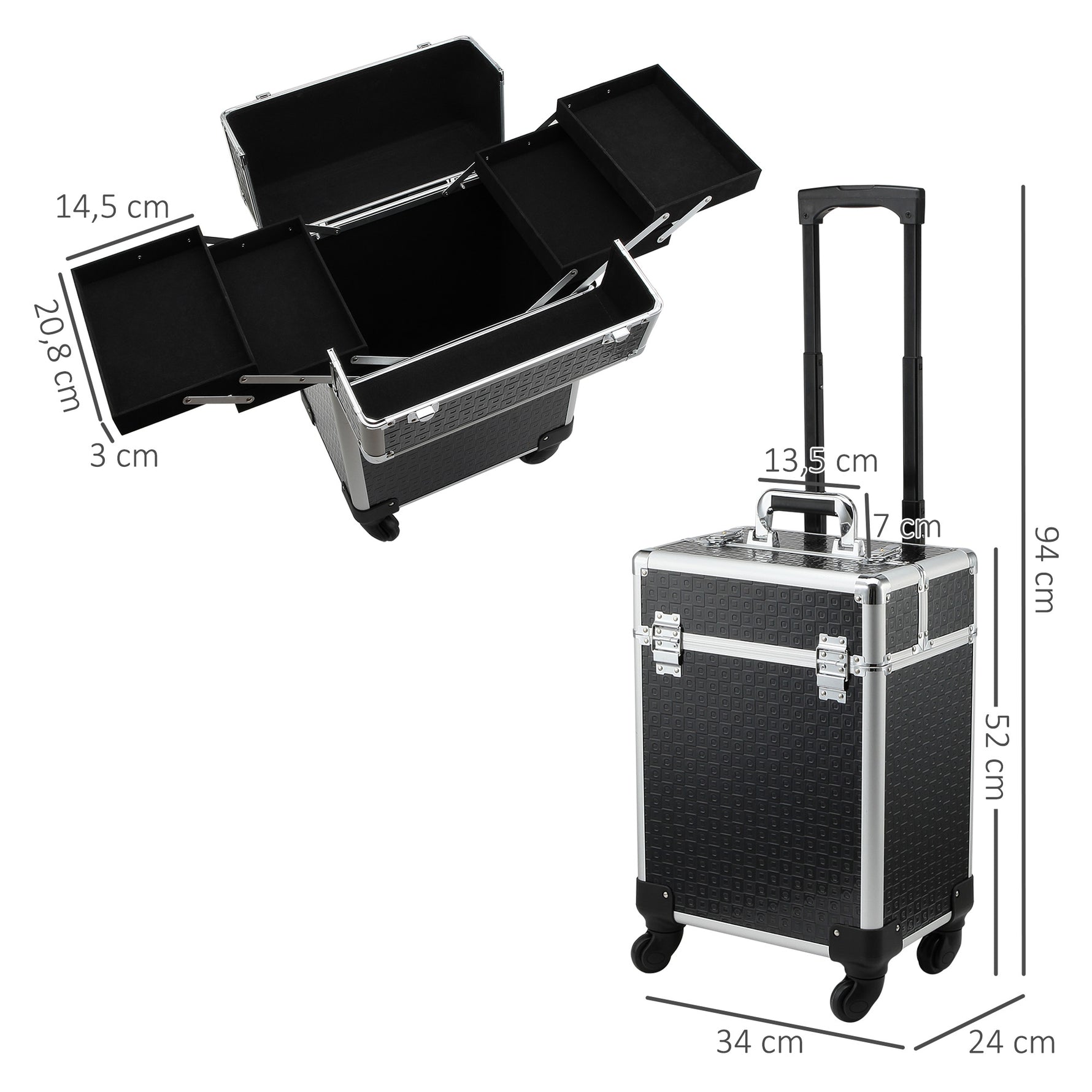Valise trolley maquillage mallette cosmétique vanity poignée télescopique réglable 34L x 24l x 52H cm alu. noir