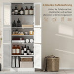 Meuble de salle de bain haut, meuble de rangement avec 6 portes dont 2 vitrées et 2 persiennes, étagère réglable, blanc