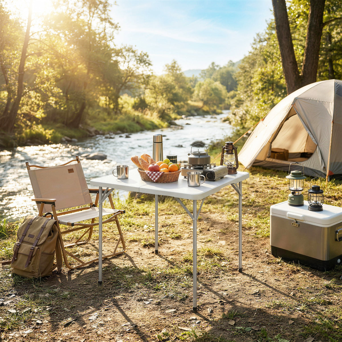 Mesa plegable de HDPE, mesa de camping plegable cuadrada 86 x 86 x 74 cm, con asa, altura ajustable, blanco