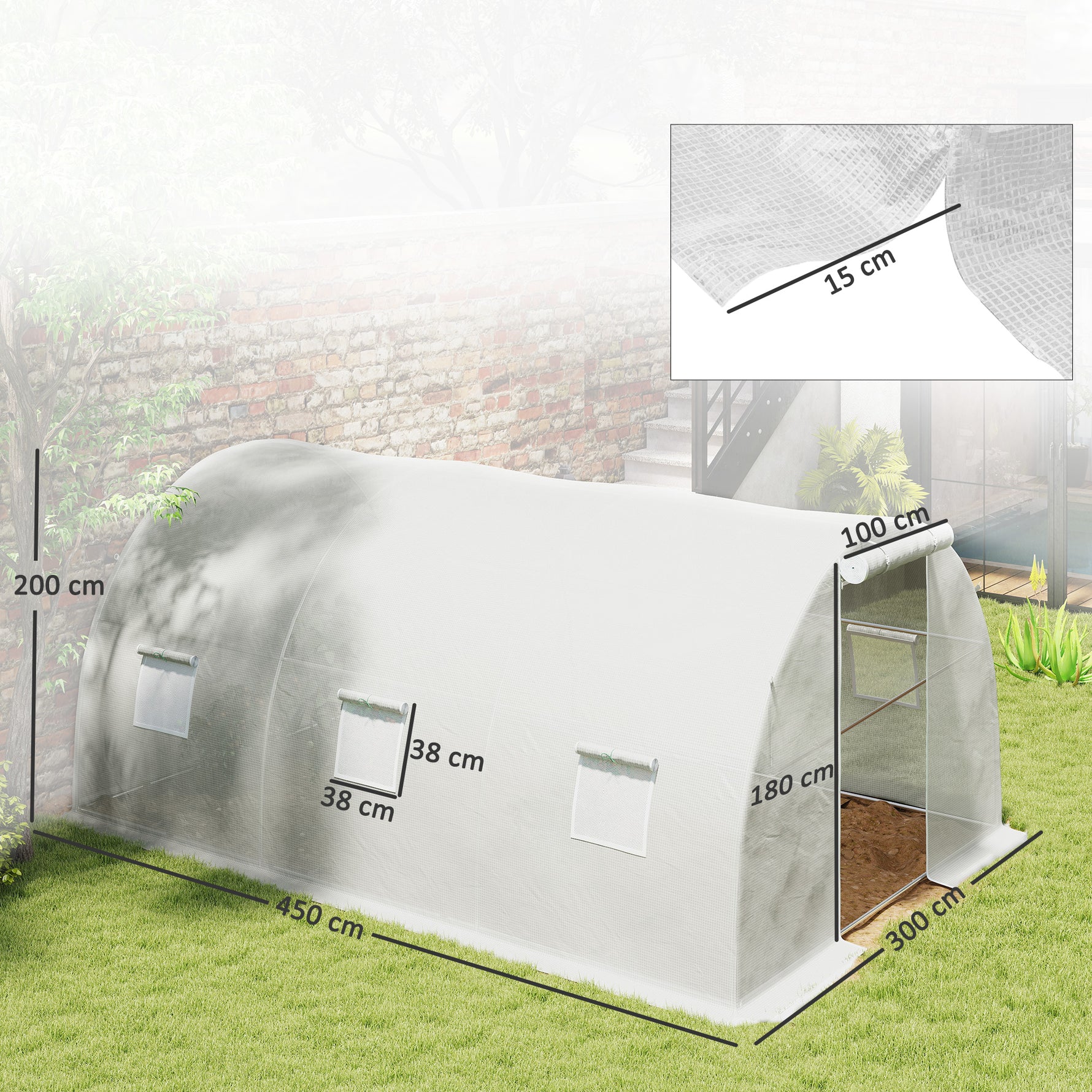 Serre de jardin tunnel 13,5 m² 6 fenêtres, porte zippée enroulable châssis acier galvanisé, bâche PE 4,5 x 3 x 2 m blanc
