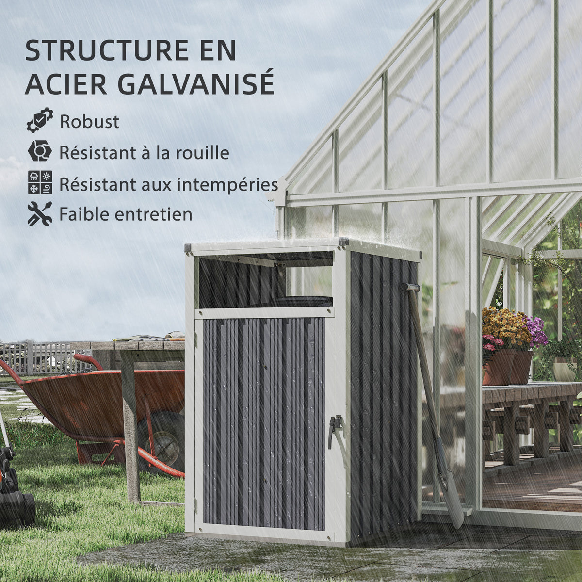 Abri pour 1 poubelle 240L cache poubelle extérieur couvercle relevable 180° acier galvanisé 73 x 81 x 122 cm gris foncé