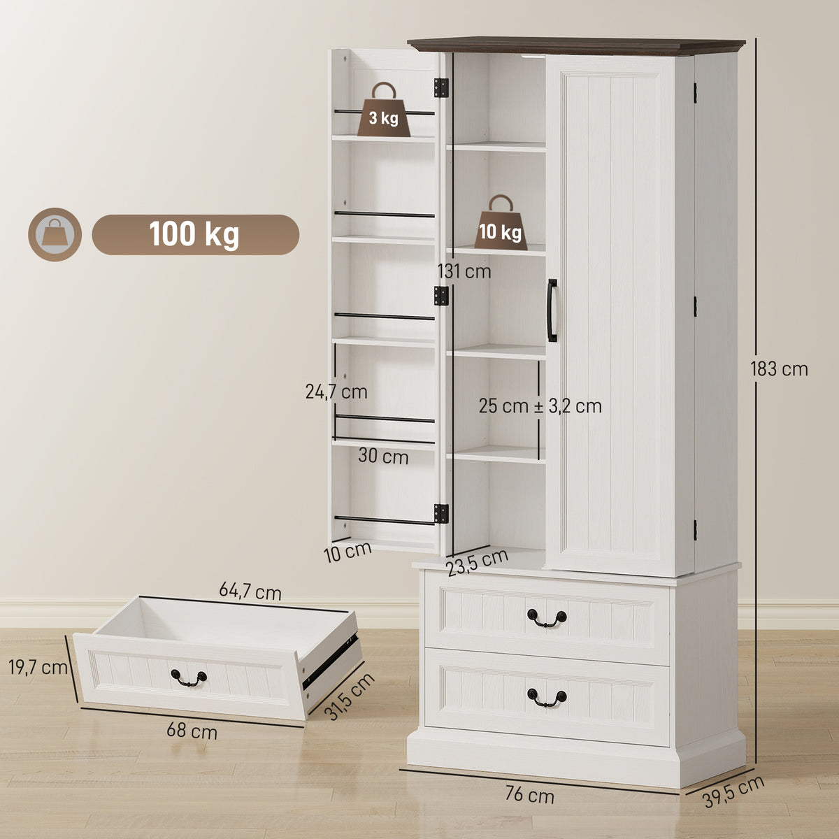 Buffet haut cuisine, armoire de cuisine, LED à capteur, 2 portes, tiroirs et étagères réglables, 76x39,5x183cm, blanc