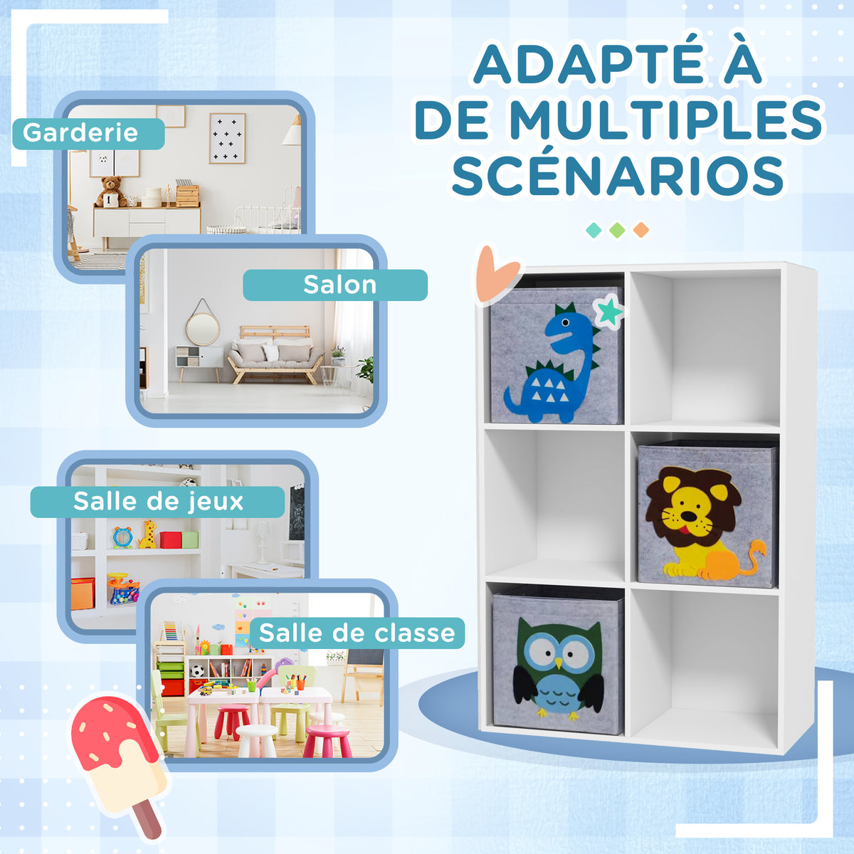 Meuble étagère bibliothèque 6 cases 3 cubes paniers en tissu motif animaux pour chambre enfant 62 x 30 x 91,5 cm blanc