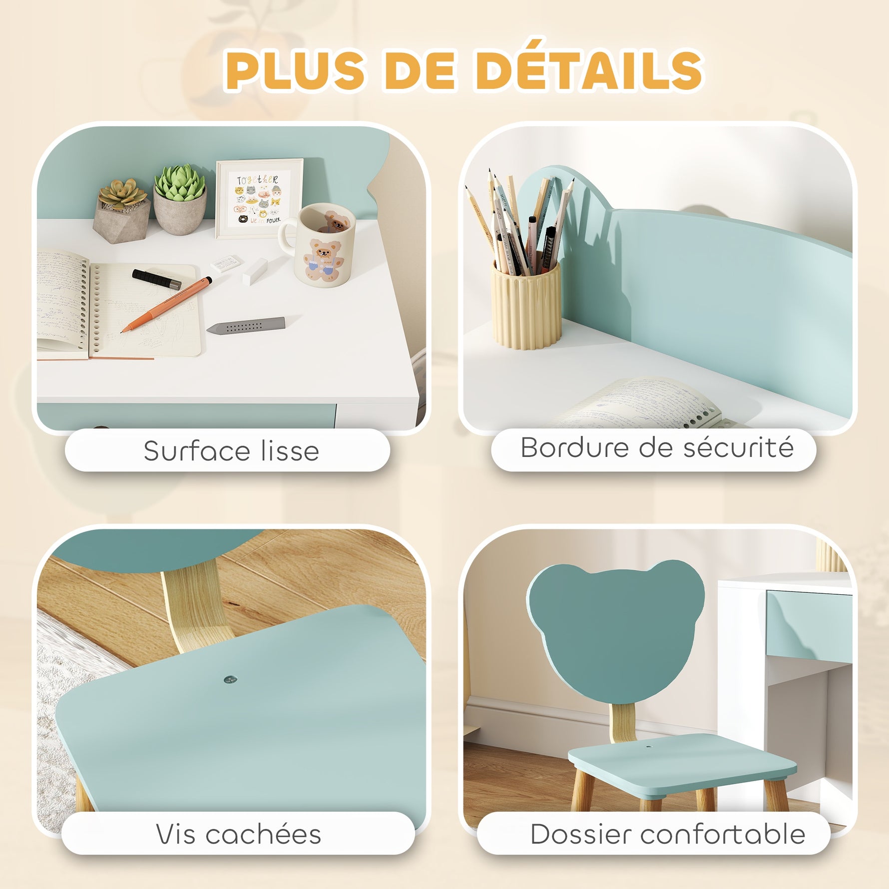 Bureau enfant avec chaise, table enfant et chaise avec tiroir et large plateau, 80 x 41 x 74,5 cm, vert
