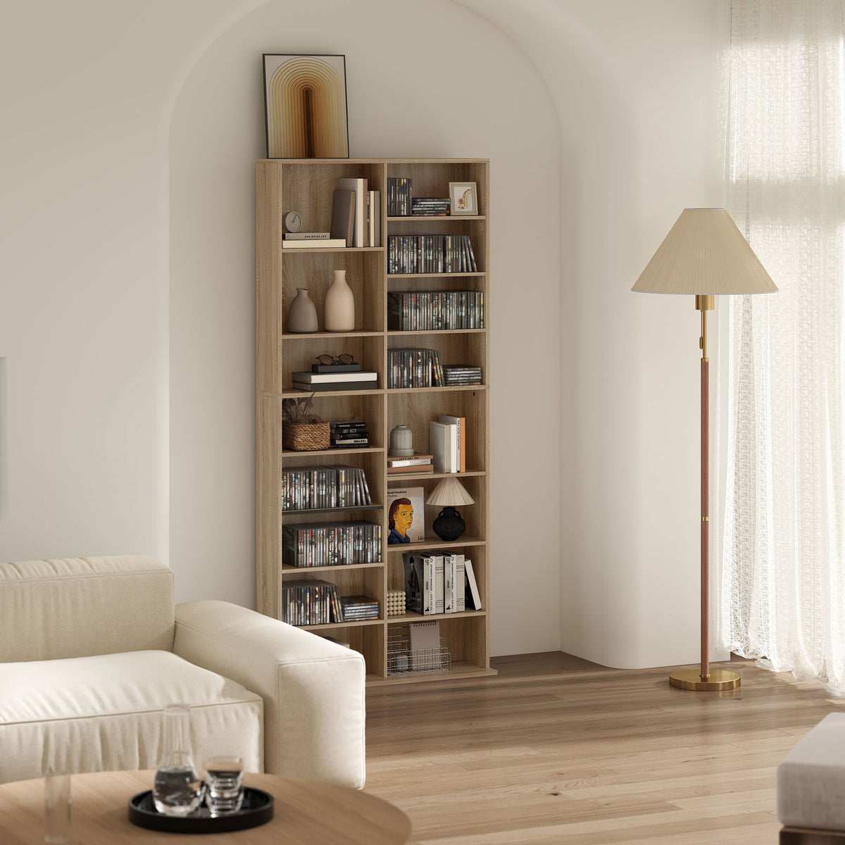 Rangements pour CD et DVD 18 compartiments capacité max. 640 CD/360 DVD 430 Blu-ray 78,5 x 24 x 175 cm bois naturel