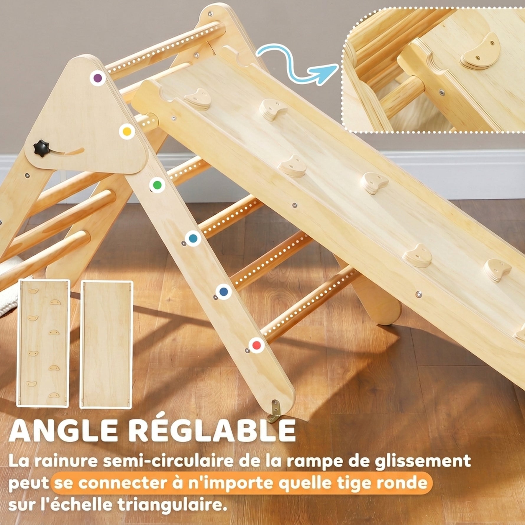 Triangle d'escalade, 3 en 1 en bois pour grimper et glisser, charge max. 50 kg, pour 18-48 mois, bois naturel