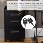 Caisson de bureau rangement bureau sur roulettes 3 tiroirs 1 verrouillable 1 trieur dossiers en bois noir