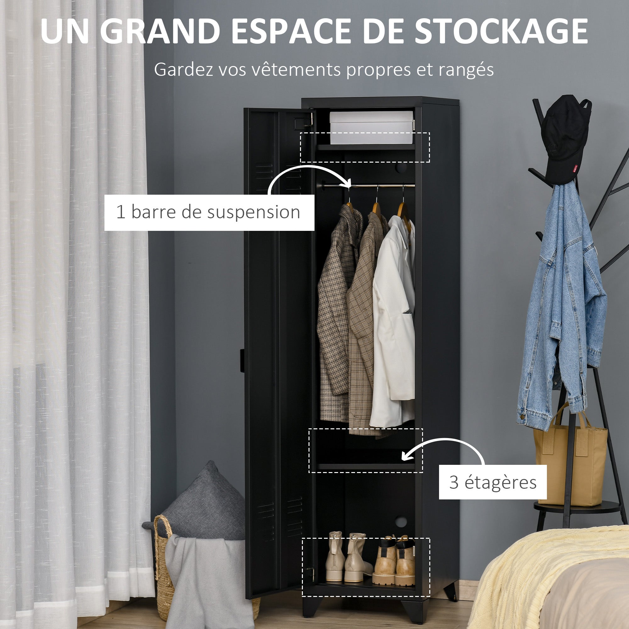 Armoire de Rangement compacte en métal casier style industriel avec 3 étagères, 1 tringle 43L x 50l x 180H cm