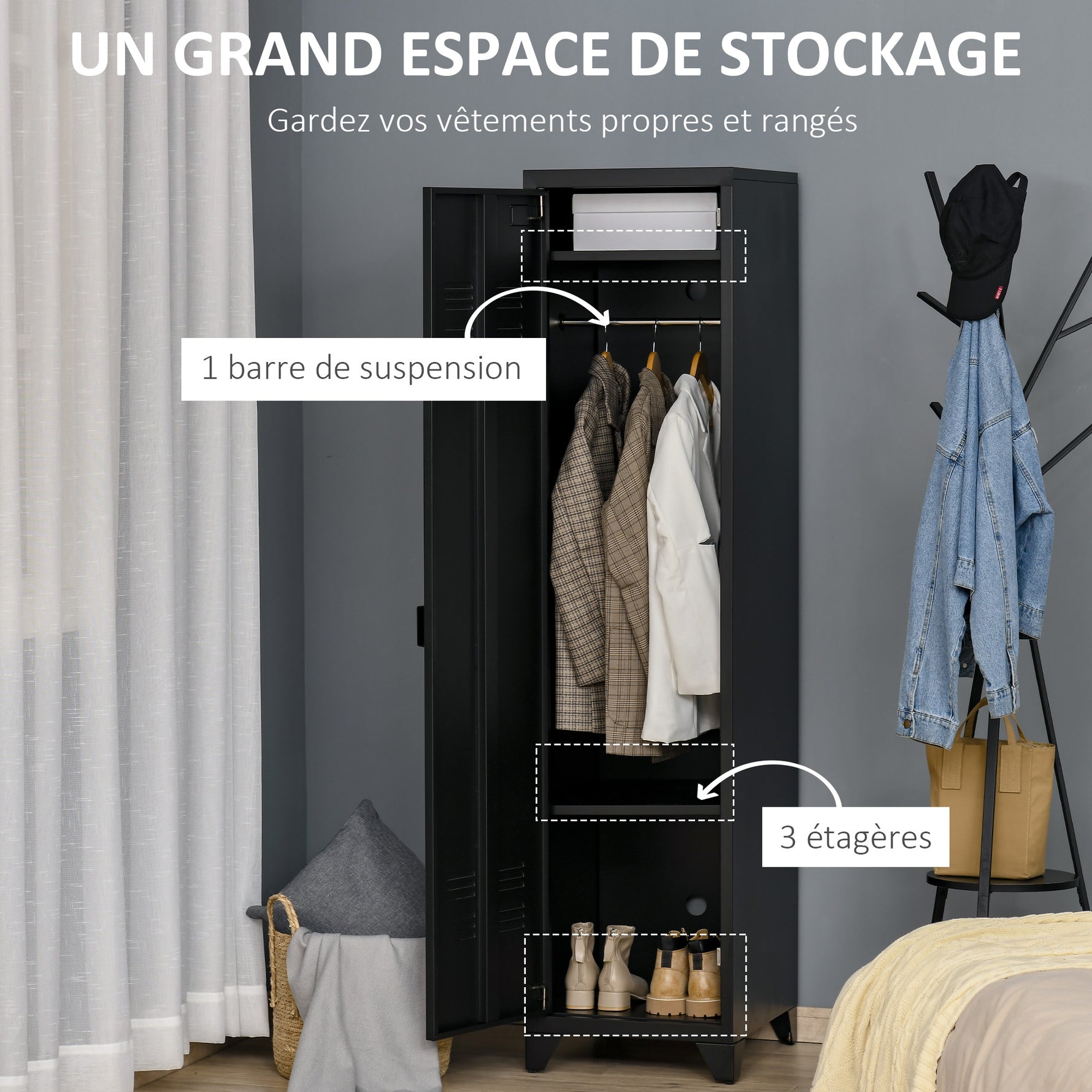 Armoire de Rangement compacte en métal casier style industriel avec 3 étagères, 1 tringle 43L x 50l x 180H cm
