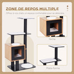 Arbre à chats design contemporain griffoirs grattoirs sisal naturel centre d'activités niche plate-formes jeu boules suspendues 71,5L x 49,5l x 120H cm MDF noir hêtre