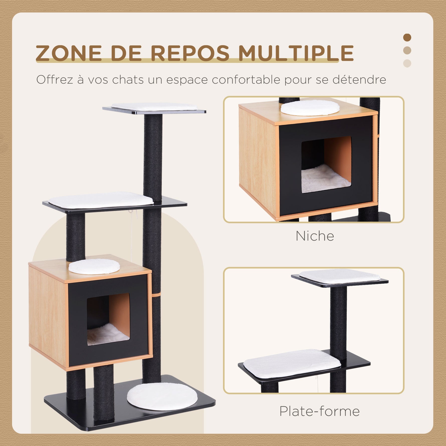 Arbre à chats design contemporain griffoirs grattoirs sisal naturel centre d'activités niche plate-formes jeu boules suspendues 71,5L x 49,5l x 120H cm MDF noir hêtre