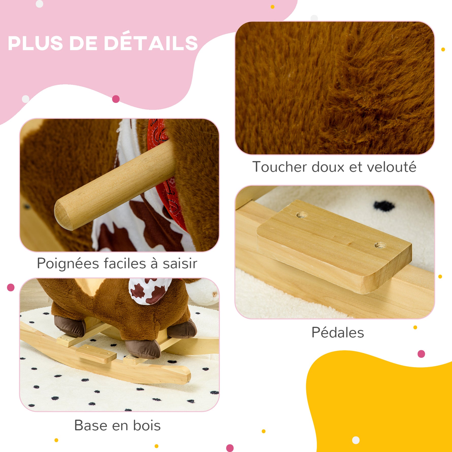 Cheval à bascule jouet à bascule fauteuil intégré ceinture de sécurité fonction sonore hennissement 18-36 mois marron