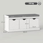 Banc chaussures entrée, banc de rangement avec 3 tiroirs amovibles et coussin rembourré en tissu aspect lin, blanc