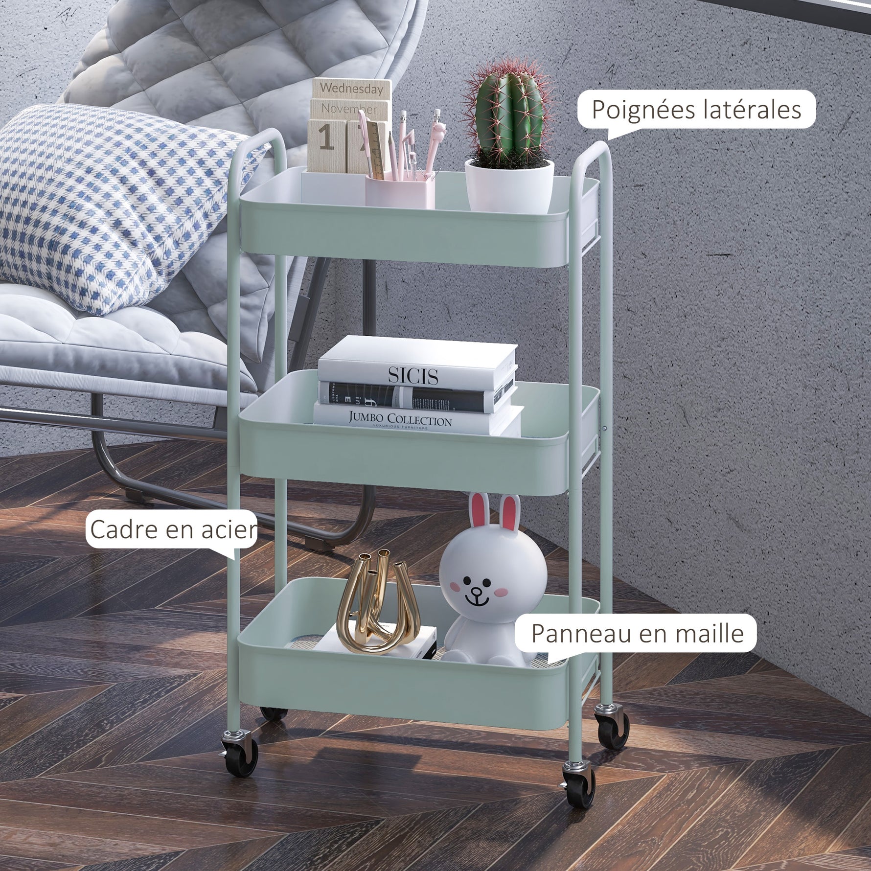 Desserte chariot de rangement en acier chariot de service à roulettes 3 plateaux ajourés 45 x 30,6 x 79 cm bleu clair