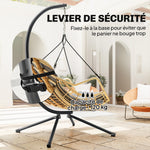 Fauteuil suspendu en résine tressée avec support, chaise suspendue, coussin, attache de sécurité, hauteur réglable, gris