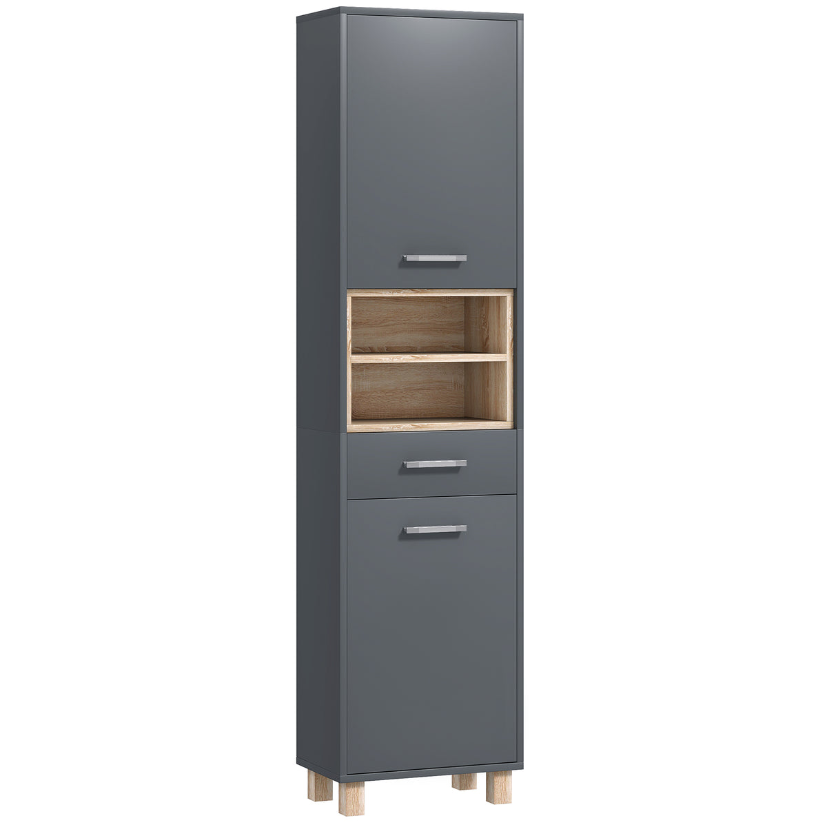 Colonne salle de bain, meuble salle de bain rangement avec 2 placards, tiroir et 2 compartiments ouverts, gris
