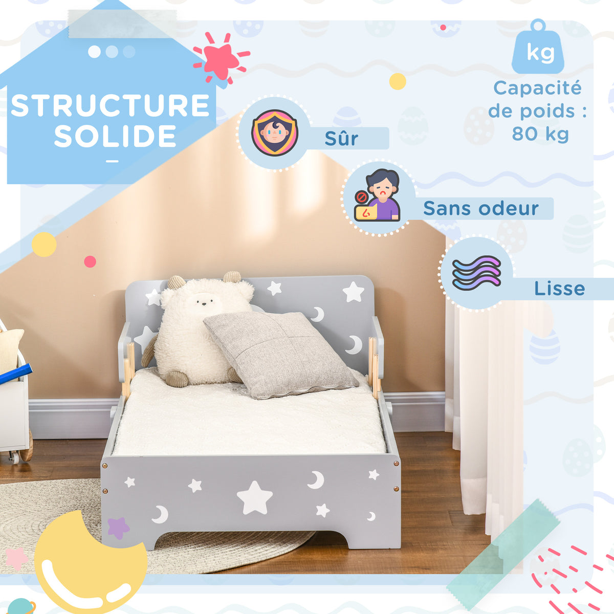 Lit pour enfants de 3 à 6 ans design étoiles et lune sommier à lattes inclus chambre moderne 143 x 76 x 49 cm gris