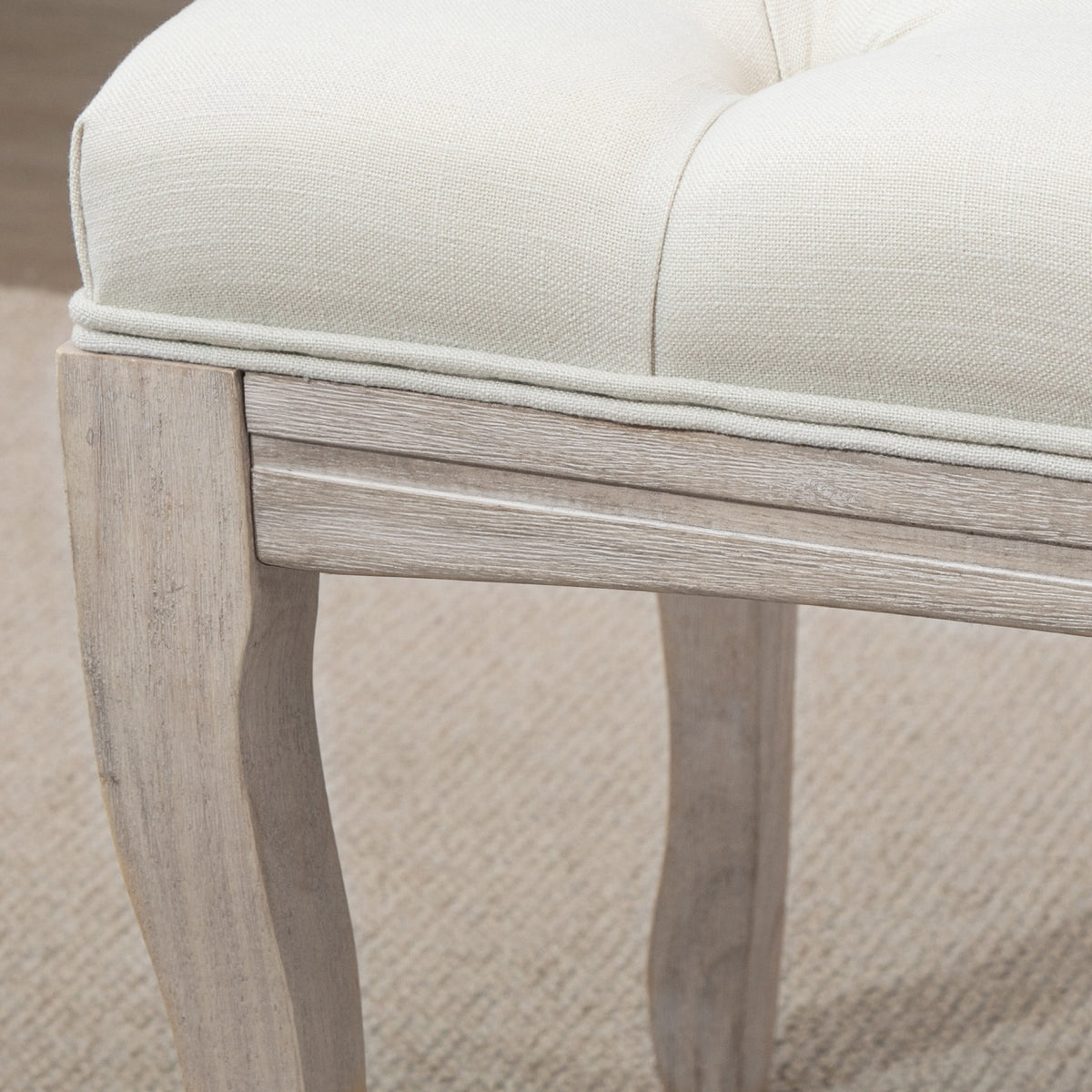 Banc Banquette capitonnée Style Classique 110 cm Bout de lit Rembourrée en lin piètement Bois hévéa sculpté Beige
