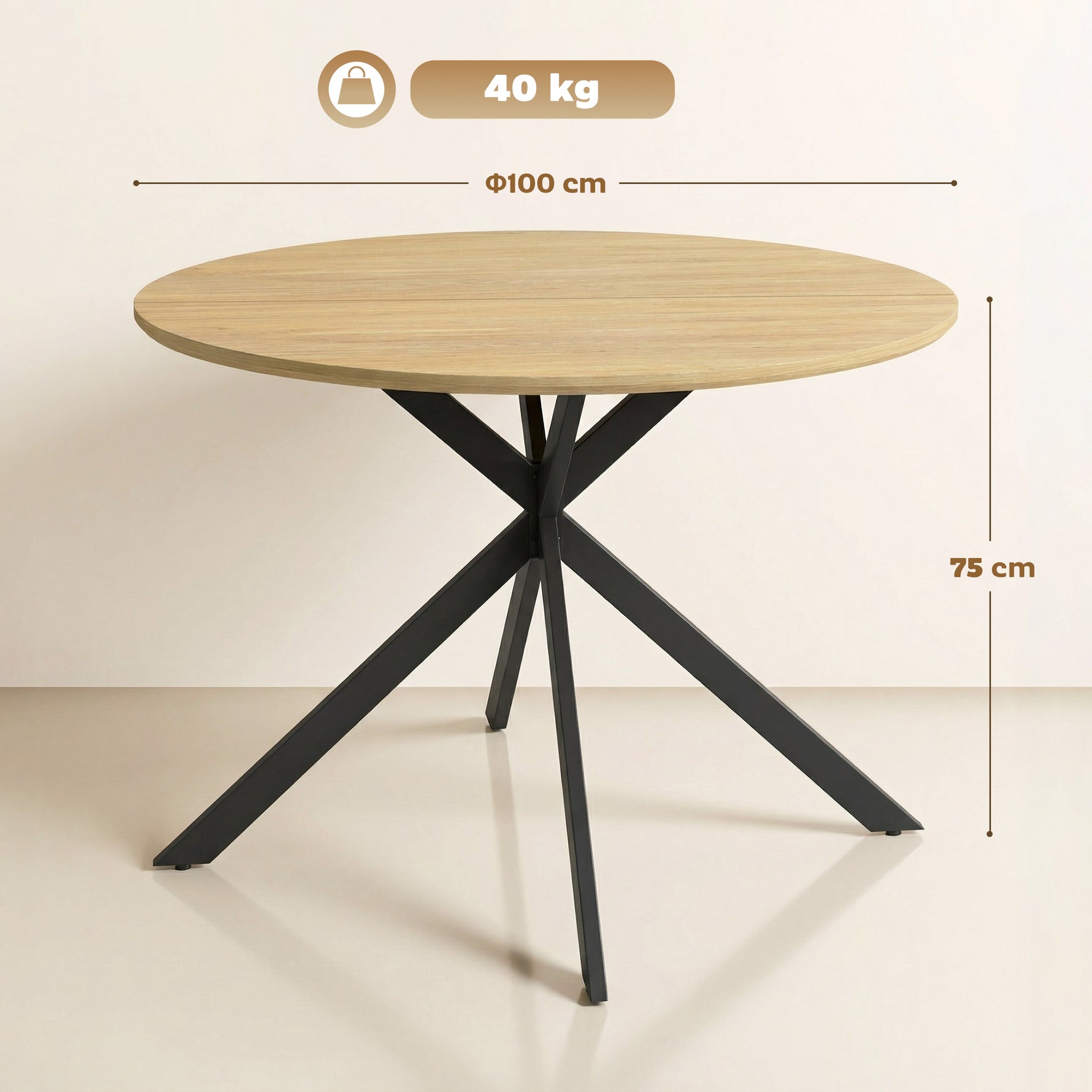 Table à Manger Ronde pour 4 Personnes 100 cm, Style Industriel avec Plateau Aspect Bois, Piètement Croisé en Acier Chêne