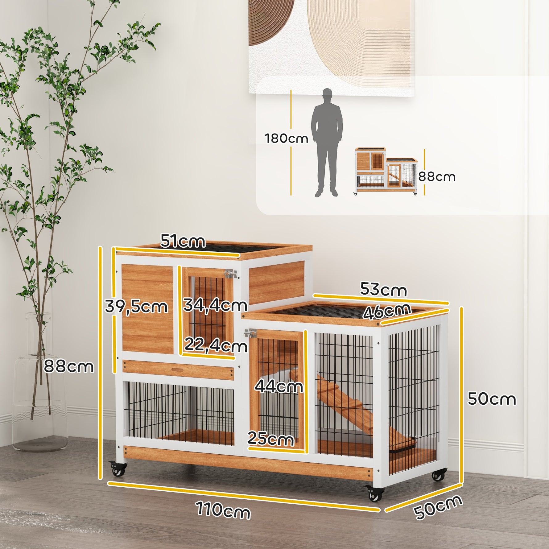 Clapier Lapin Intérieur sur Roulettes 2 Niveaux, Enclos, Rampe, 2 Portes Verrouillables, 2 Plateaux, 110x50x88cm, Jaune
