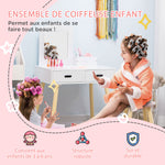 Haurrentzako apaindegia makillaje-mahaia taburetearekin, ispiluarekin eta 2 tiraderarekin, 3-6 urte, 60 x 40 x 95 cm, zuria eta egurra