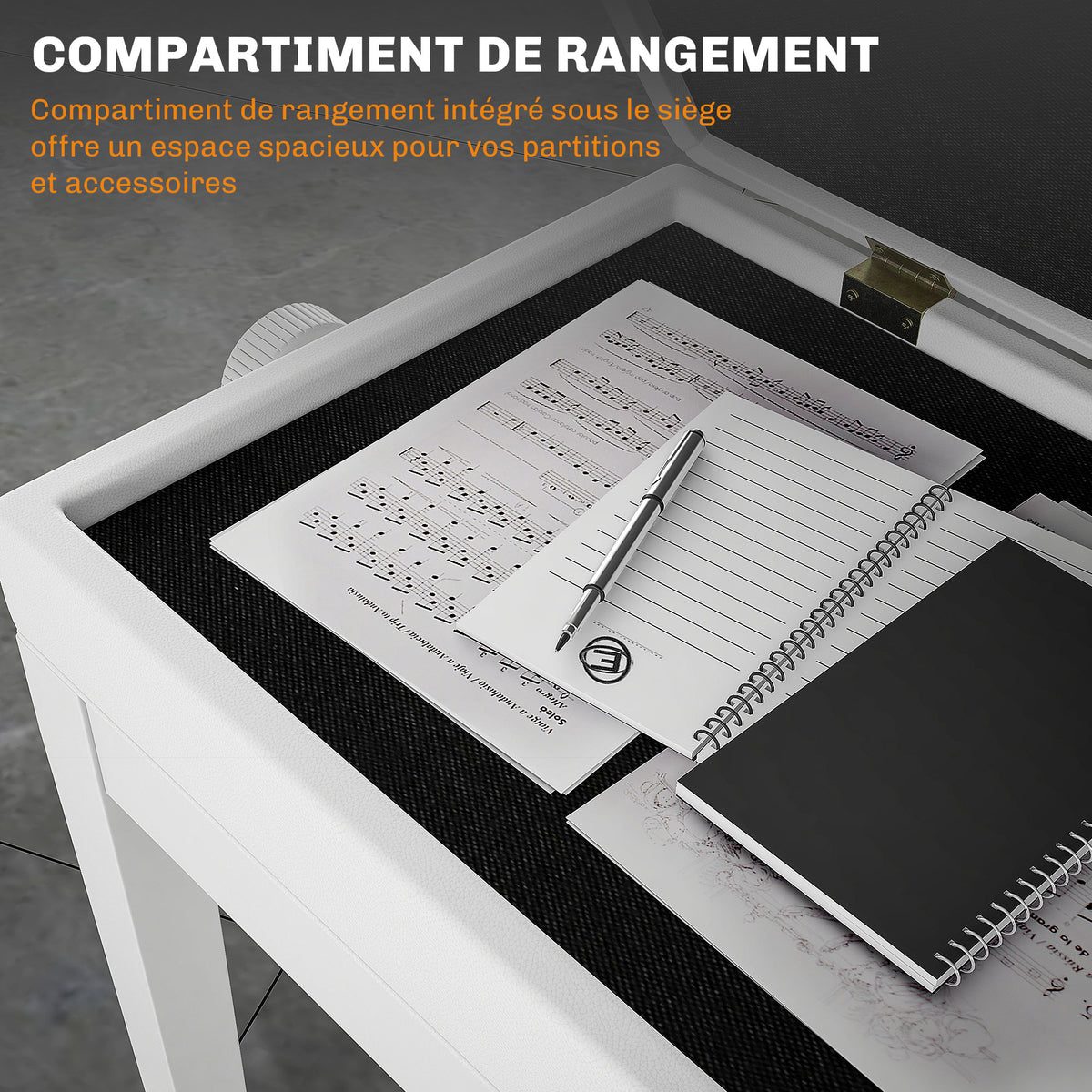 Banc de piano, banc de clavier réglable en hauteur en bois massif, compartiment de rangement, 55 x 33 x 48-58 cm blanc
