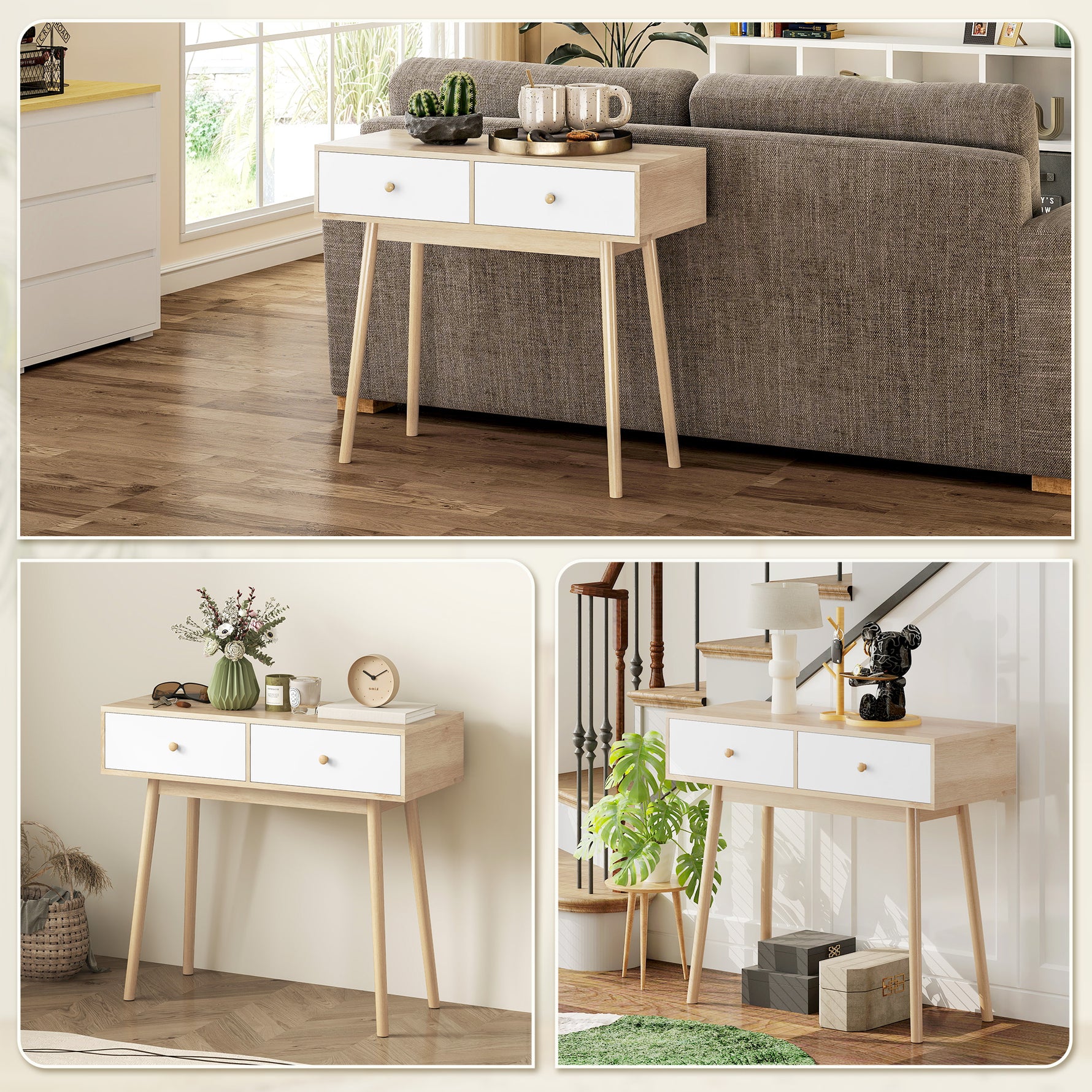 Table console avec 2 tiroirs et pieds en bois, pour salon, entrée, couloir, 86 x 35 x 75 cm, chêne et blanc