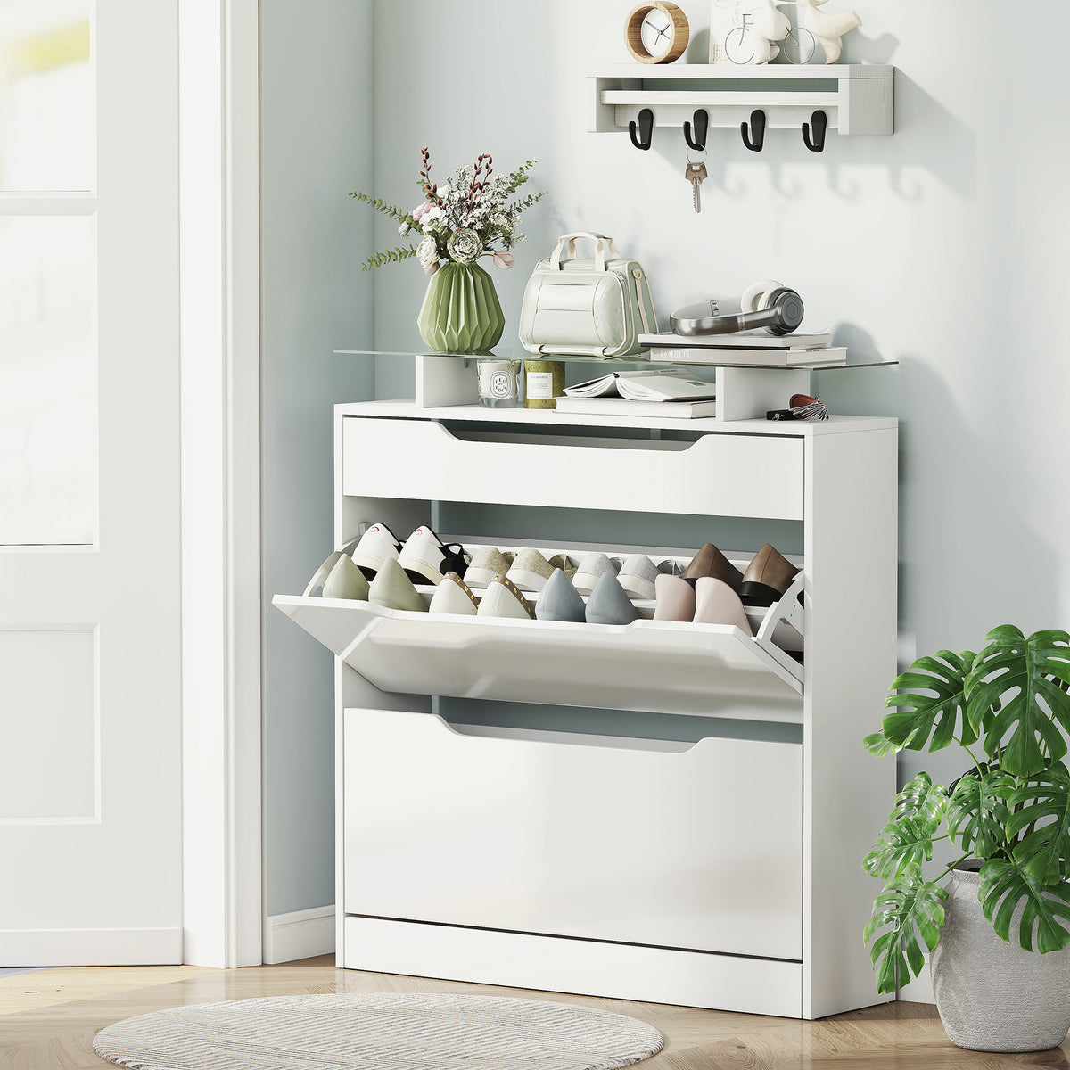 Armoire à Chaussures avec 2 Tiroirs Rabattables + 1 Tiroir Coulissant + 1 Comptoir et 1 Plateau en Verre blanc