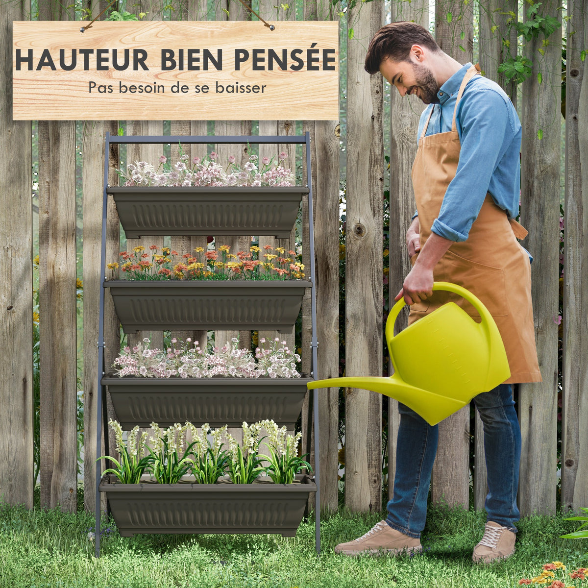 Stalen bloemenrek met 4 niveaus, verticale plantenstandaard met 4 bakken en drainagegaten, 76x79x162 cm, bruin