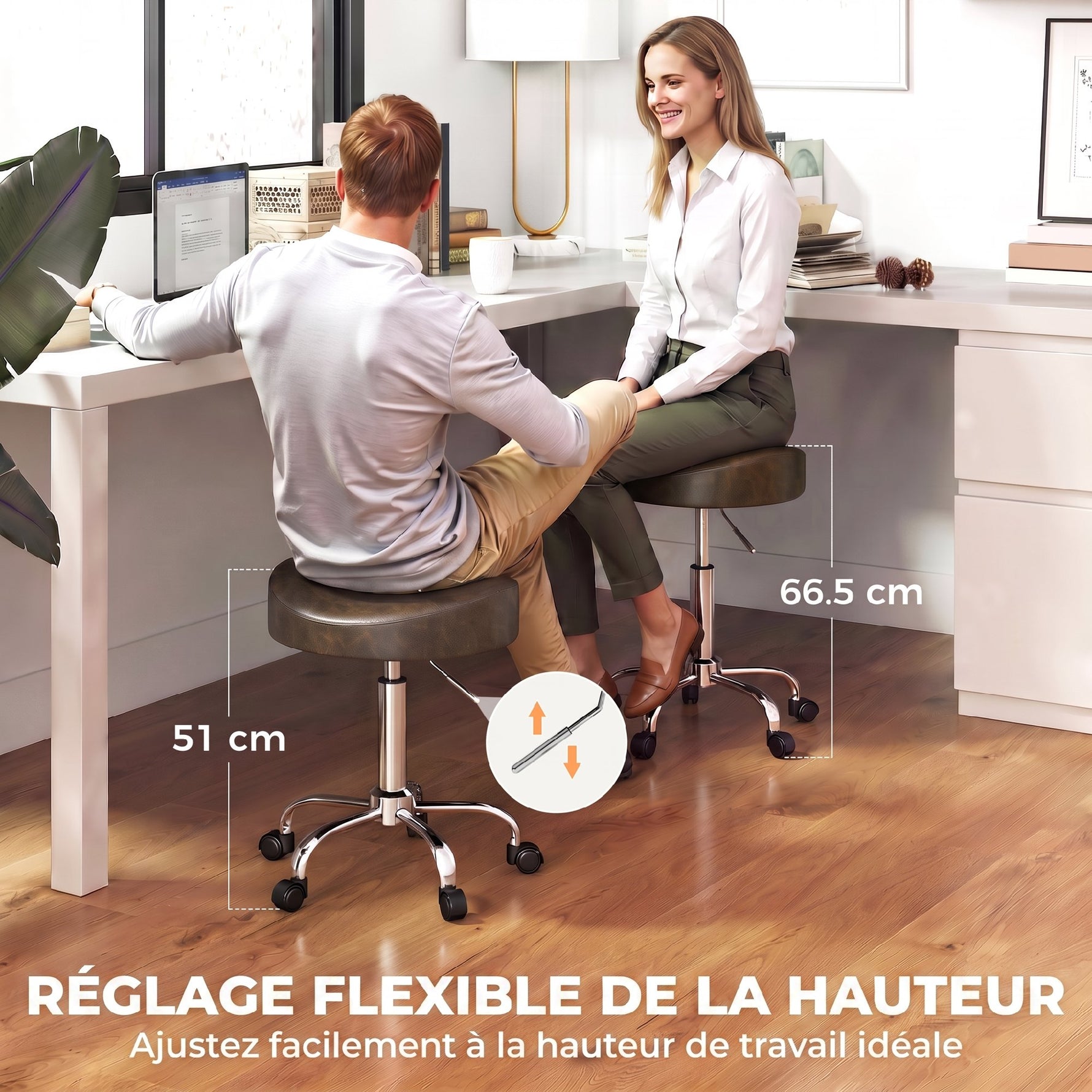 Tabouret à roulettes, tabouret de salon avec hauteur réglable 51-66 cm et assise rembourrée, pivotant 360°, marron