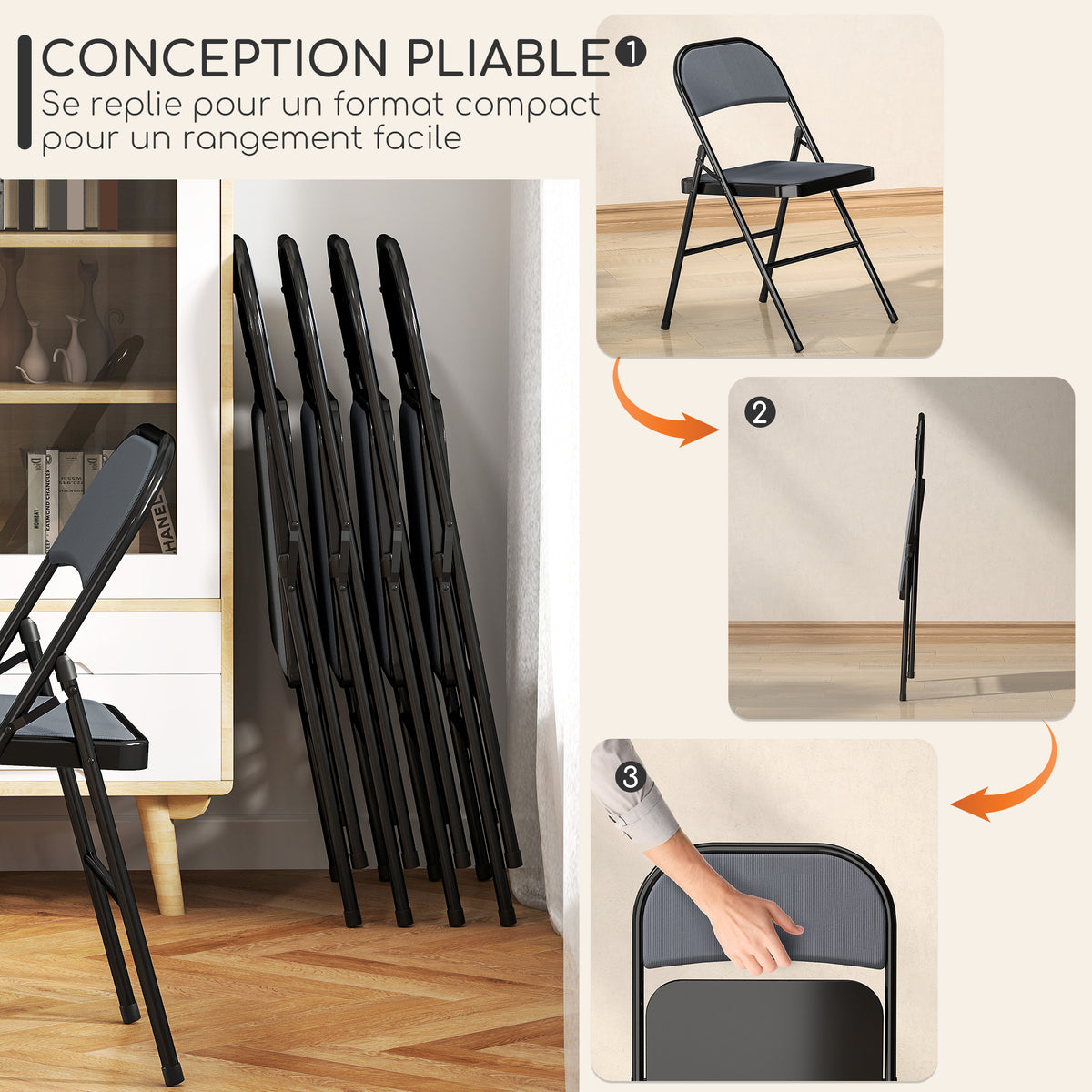 Lot de 4 chaises pliantes chaises de salle à manger portables cadre en acier 45 x 46 x 78 cm gris