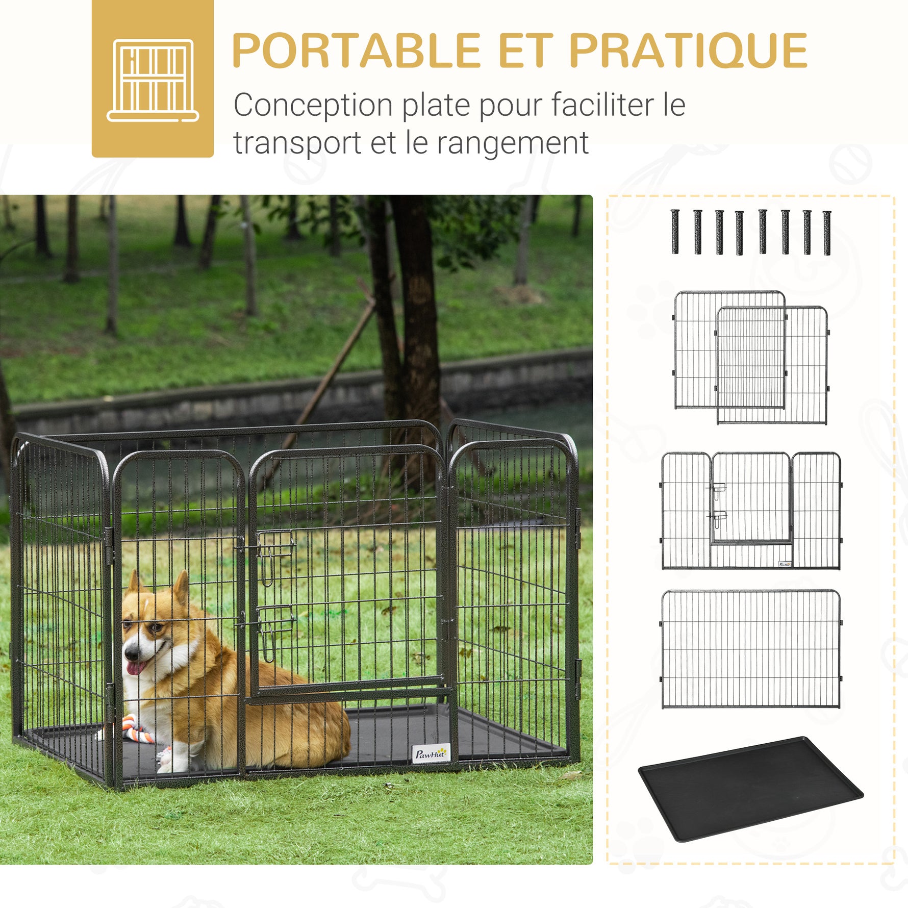 Enclos parc pour chien 4 panneaux en métal grillagé avec Porte Verrouillable, dim. 109L x 74l x 71H cm