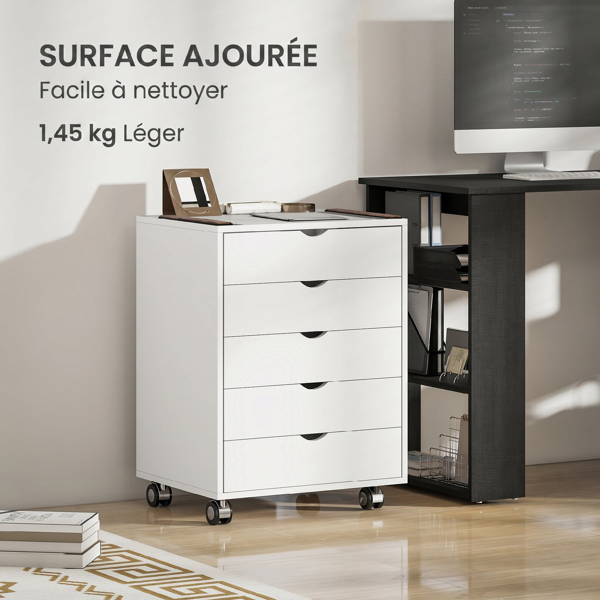Caisson bureau mobile avec 5 tiroirs, meuble rangement bureau à roulettes pour documents A3/Lettre/A4, blanc