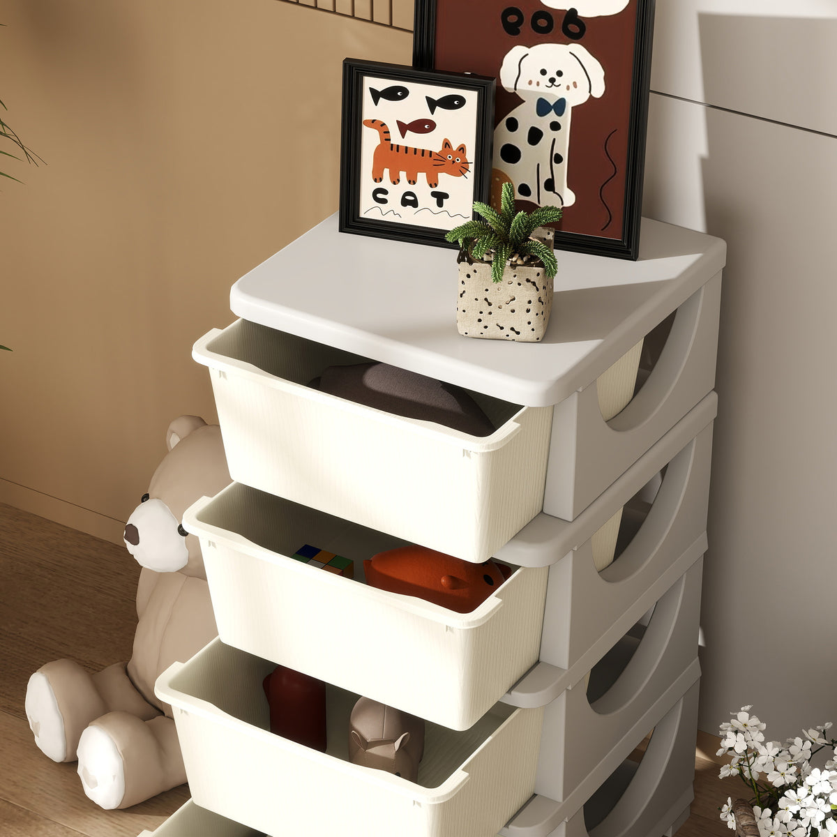 Organisateur de jouets pour enfants avec 4 tiroirs à 4 niveaux, boîtes de rangement en plastique, 37 x 37 x 76 cm, crème