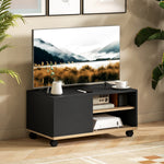 Meuble TV sur roulettes avec 2 Freins - 2 niches + Placard Porte 2 Passe-Fil - en bois Noir chêne Clair