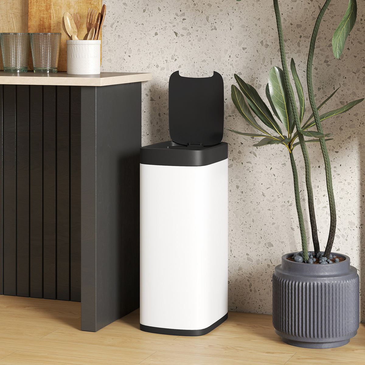 Pattumiera da cucina automatica 50L, pattumiera con sensore di movimento, a batterie, 26,5x35,5x68cm, crema